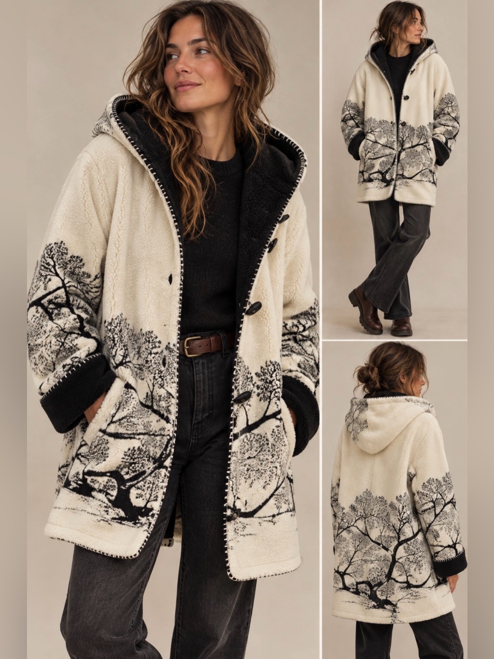 VTG 90s Denali Reversible Fleece Hooded Coat Small USA Black Ivory Scenic